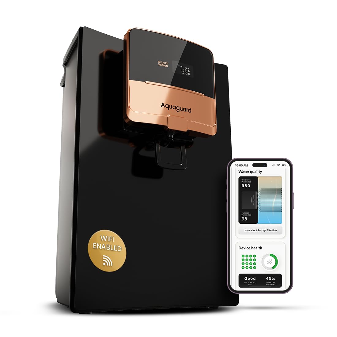 Aquaguard Ritz Pro RO+UV+Copper I Stainless Steel Tank | 2 year filter life | SMART Purifier | TDS Display | Filter Life &amp; Water In take Tracker | includes Mega Sediment filter | 9 Stage Purification